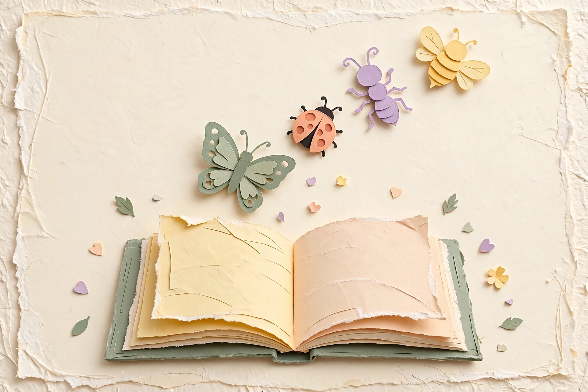 Paper-cut book with butterfly, ladybug, ant, and bee flying from its pages