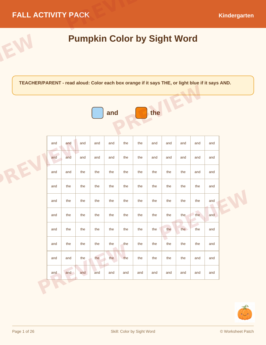 Kindergarten: Pumpkin Color by Sight Word — sample page from the package