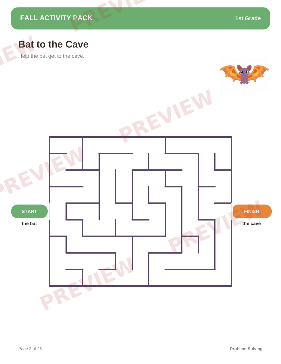 1st Grade: Bat to the Cave Maze — sample page from the package