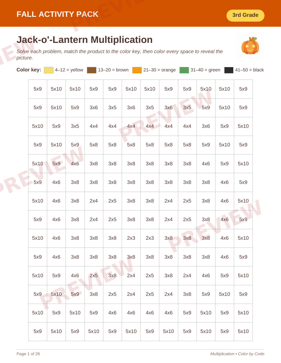 3rd Grade: Jack-o’-Lantern Multiplication — sample page from the package