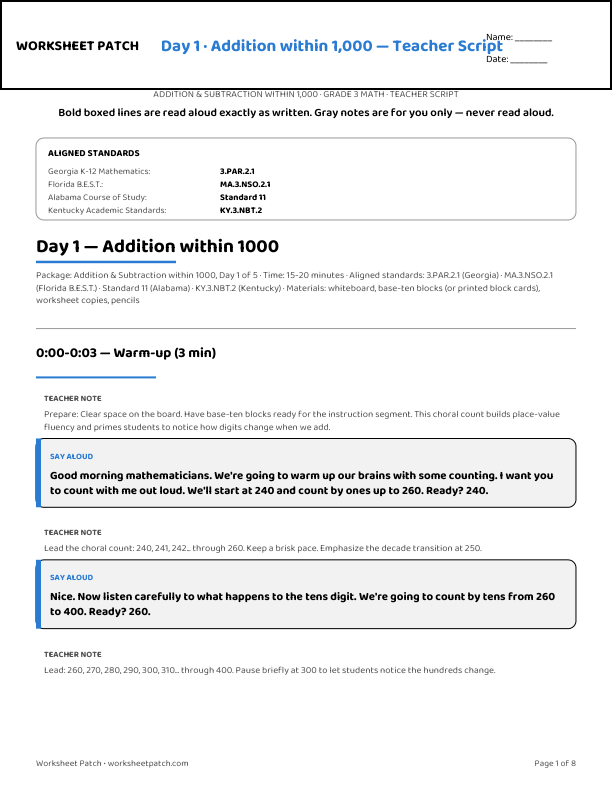 Day 1 teacher script — sample page from the package