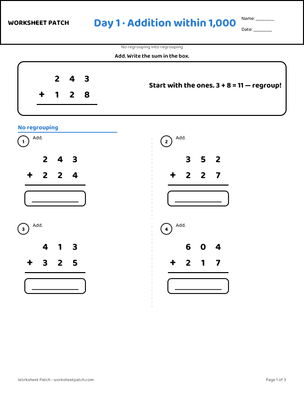 Day 1 worksheet — sample page from the package