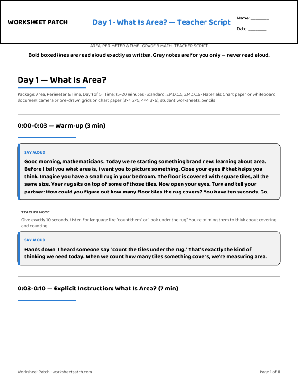 Day 1 teacher script — sample page from the package