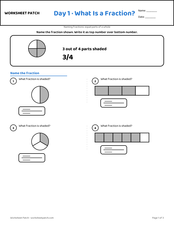 Fractions Week · Day 1 worksheet — sample page from the package