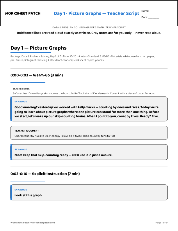 Day 1 teacher script — sample page from the package