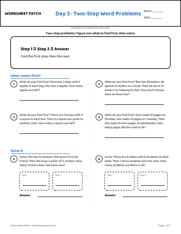 Day 3 worksheet — sample page from the package