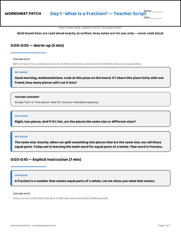 Day 1 teacher script — sample page from the package