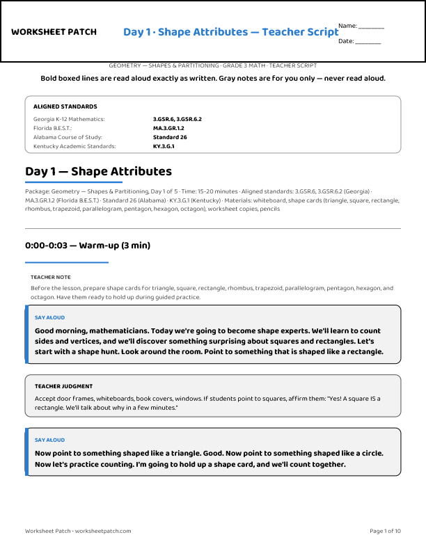 Day 1 teacher script — sample page from the package