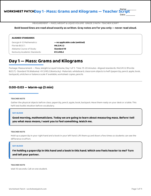 Day 1 teacher script — sample page from the package