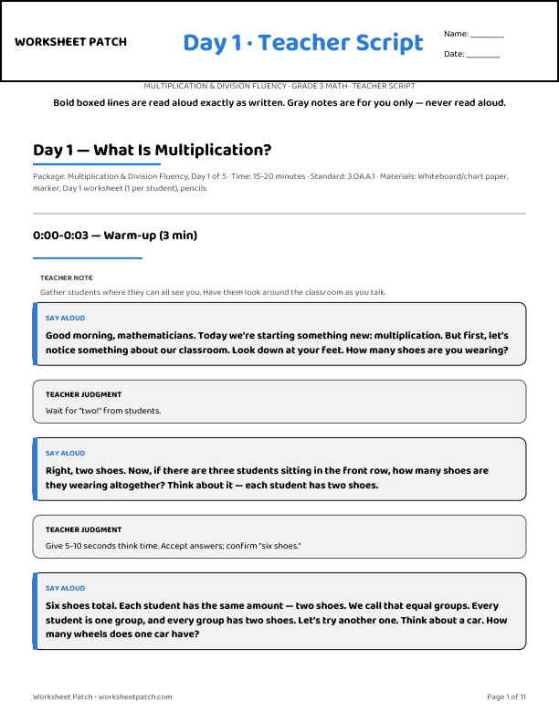 Day 1 teacher script — sample page from the package