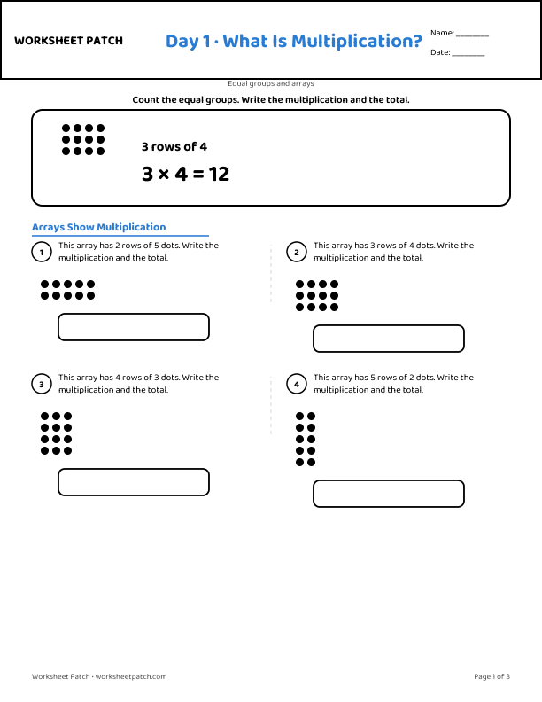 Day 1 worksheet — sample page from the package