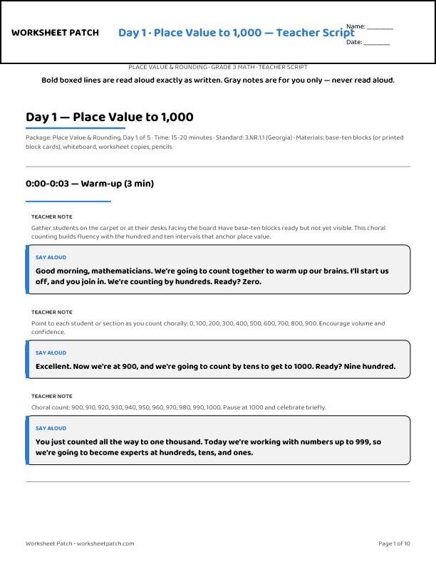 Day 1 teacher script — sample page from the package