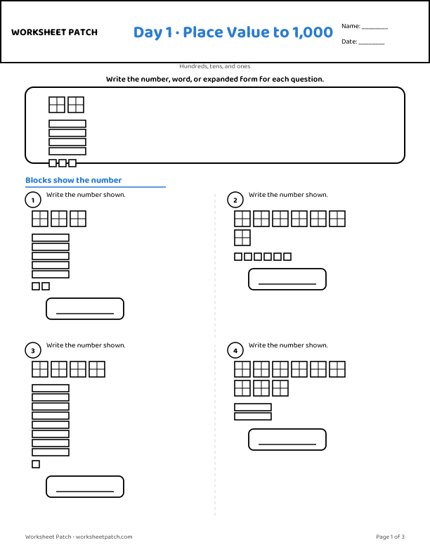 Day 1 worksheet — sample page from the package