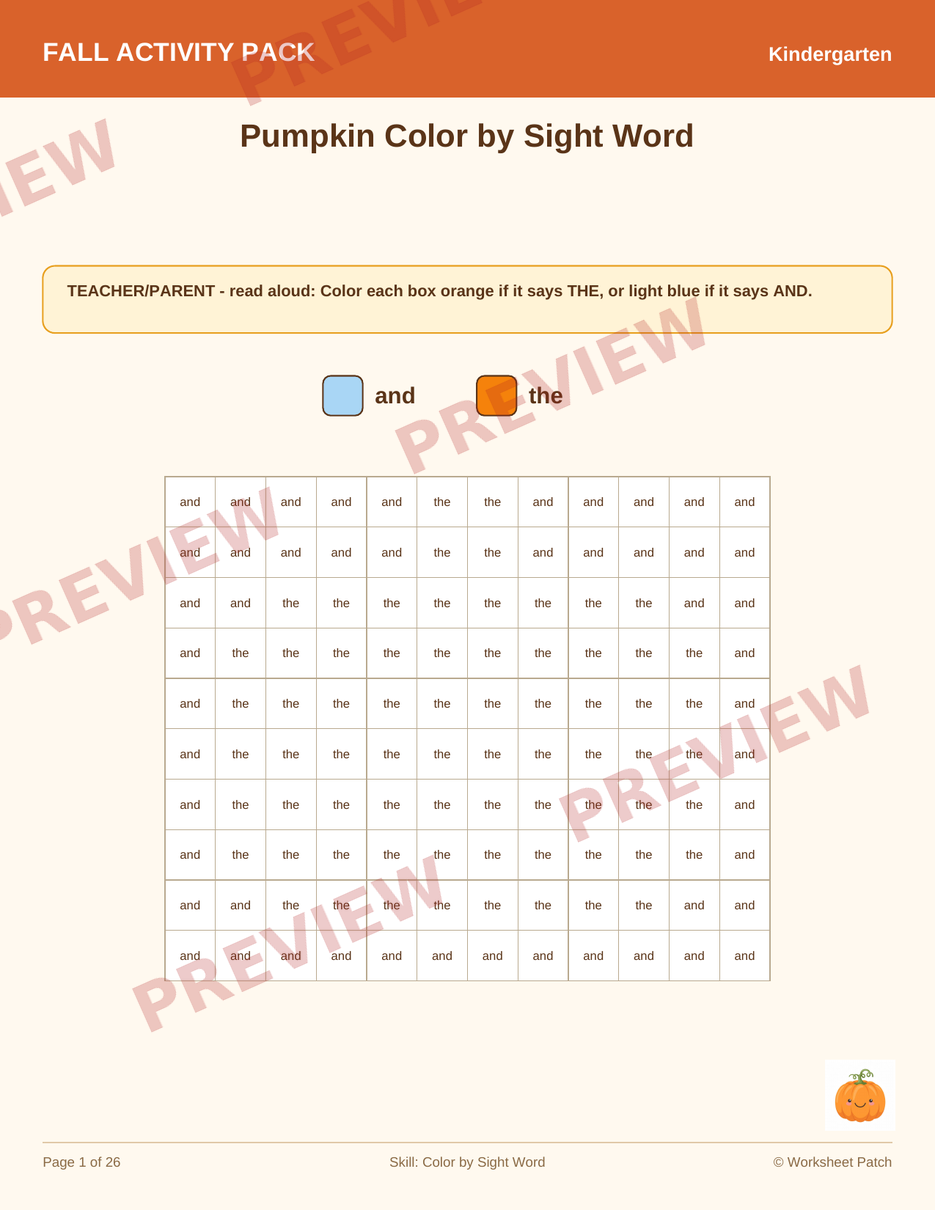 Kindergarten: Pumpkin Color by Sight Word — sample page from the package