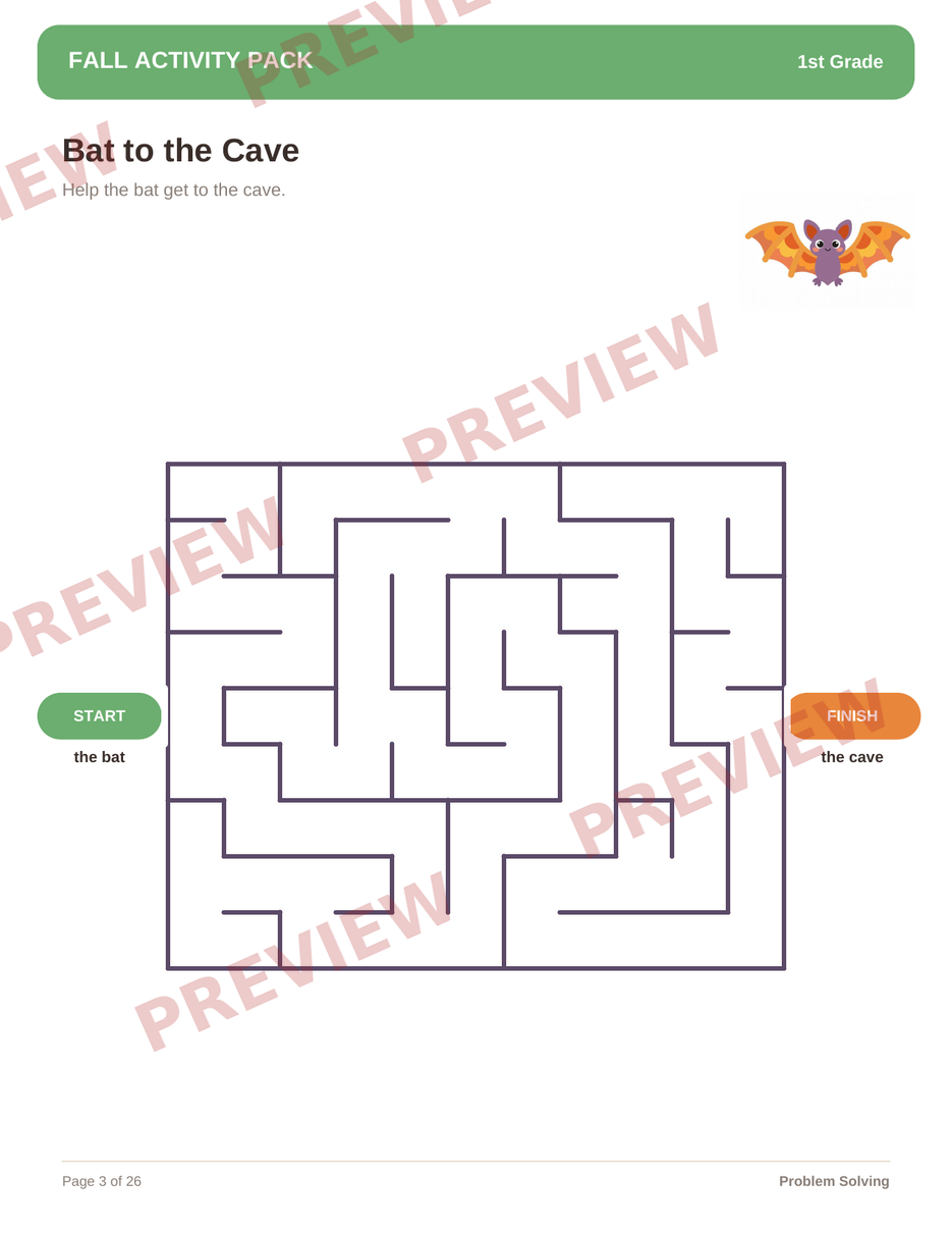 1st Grade: Bat to the Cave Maze — sample page from the package