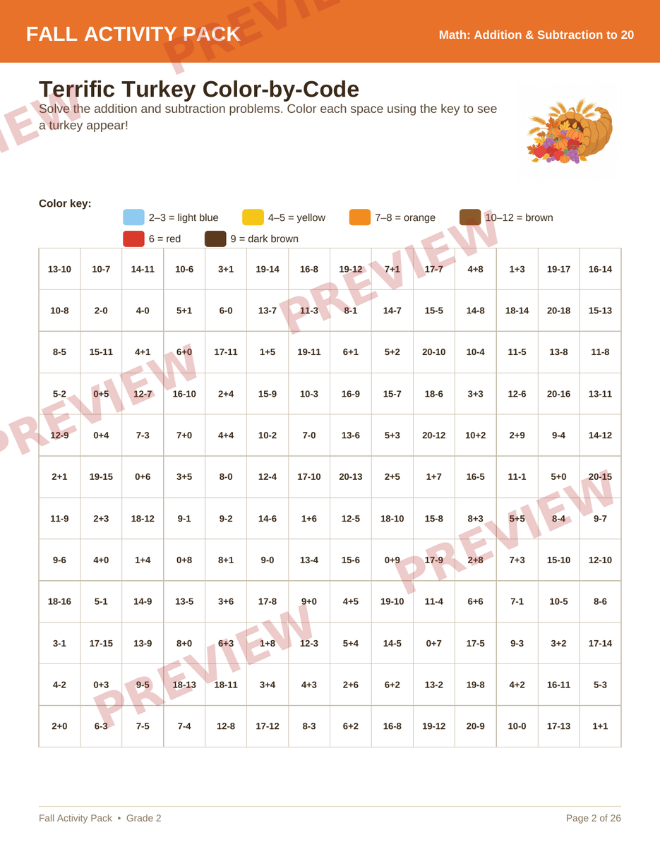 2nd Grade: Terrific Turkey Color-by-Code — sample page from the package