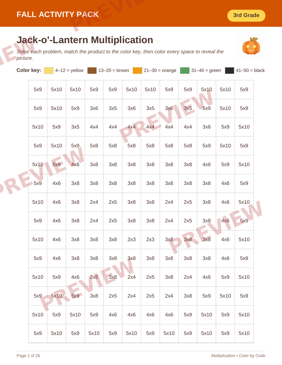 3rd Grade: Jack-o’-Lantern Multiplication — sample page from the package