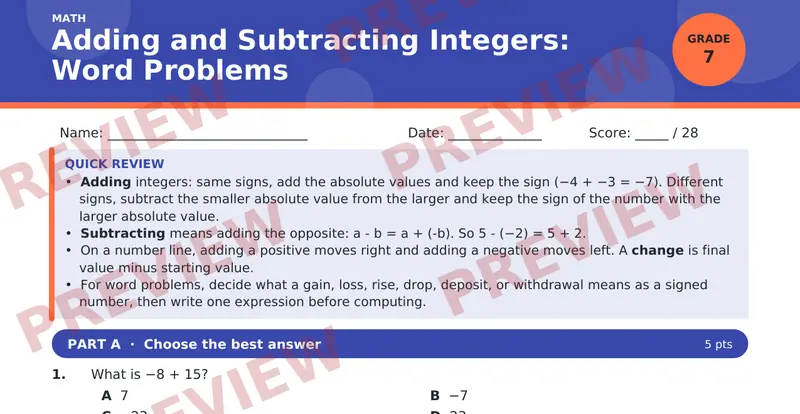 Page 1 preview of Adding and Subtracting Integers: Word Problems