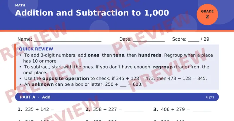 Page 1 preview of Addition and Subtraction to 1,000