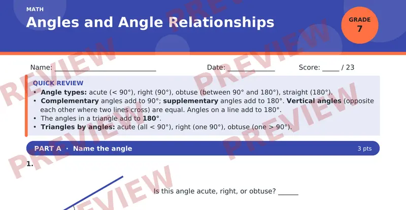 Page 1 preview of Angles and Angle Relationships