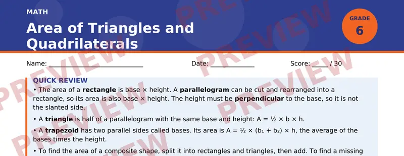 Partial preview of Area of Triangles and Quadrilaterals (Grade 6)