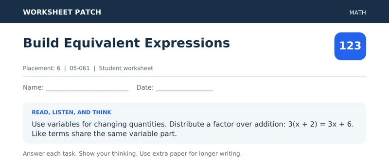Page 1 preview of Build Equivalent Expressions