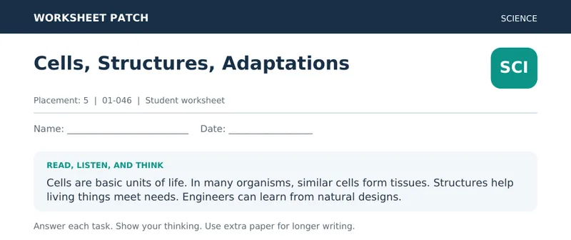 Page 1 preview of Cells, Structures, Adaptations
