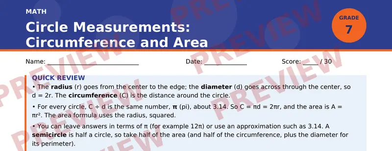 Partial preview of Circle Measurements: Circumference and Area (Grade 7)