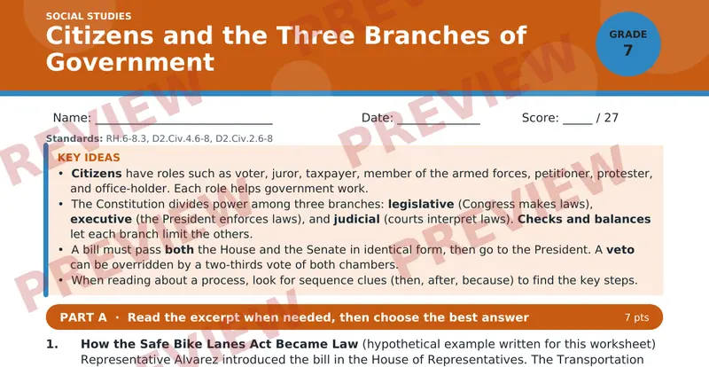 Page 1 preview of Citizens and the Three Branches of Government