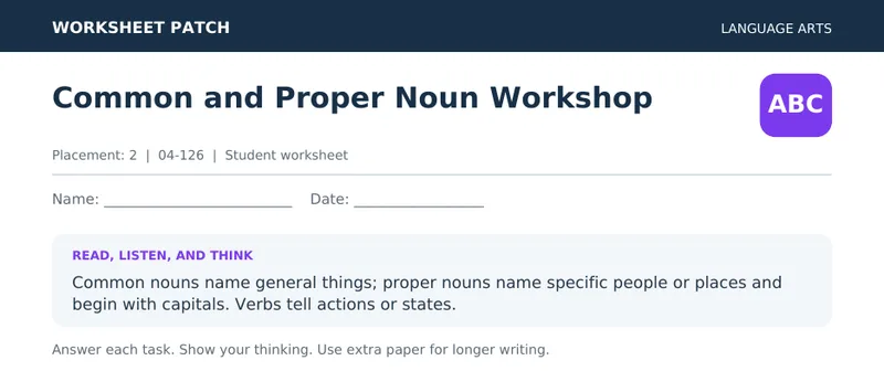 Page 1 preview of Common and Proper Noun Writing Workshop: Sort, Fix Capitals, and Write Sentences