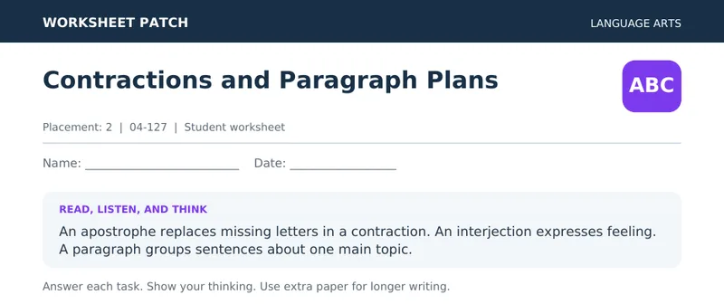 Page 1 preview of Contractions and Paragraph Plans