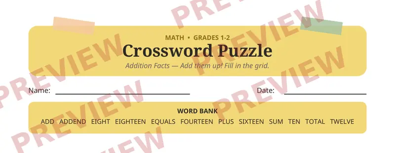 First page preview of Addition Facts Crossword Puzzle