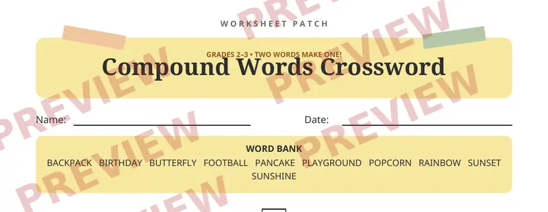 First page preview of Compound Words Crossword Puzzle