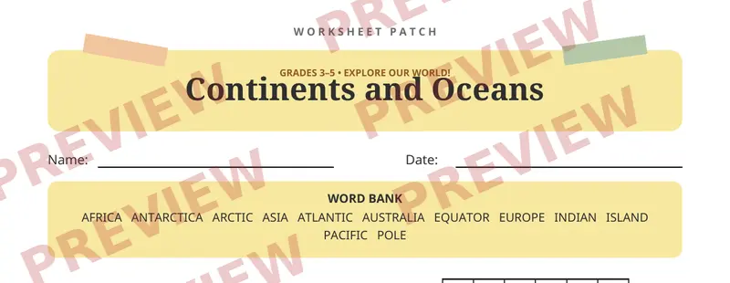 First page preview of Continents and Oceans Crossword Puzzle
