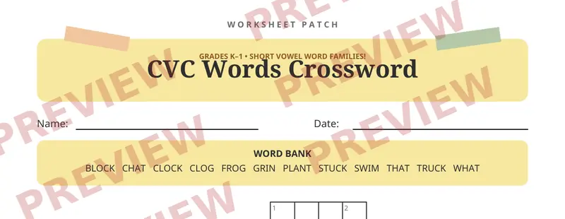 First page preview of CVC Words Crossword Puzzle