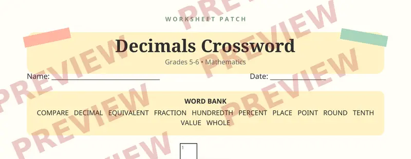 Partial preview of Decimals Crossword Puzzle