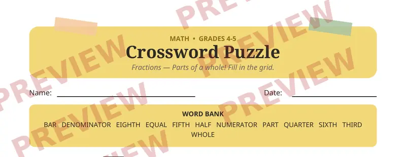 First page preview of Fractions Crossword Puzzle