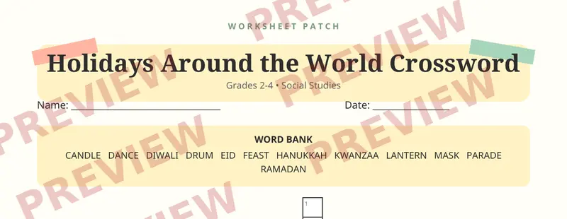 First page preview of Holidays Around the World Crossword Puzzle