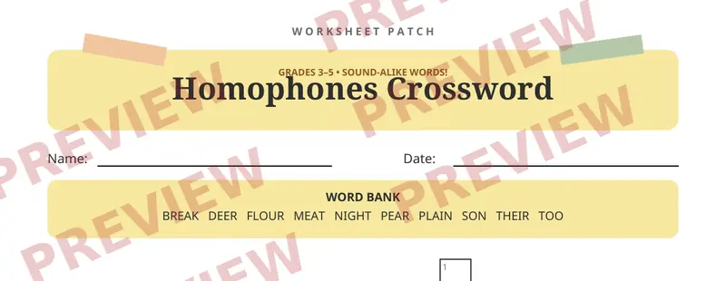 First page preview of Homophones Crossword Puzzle