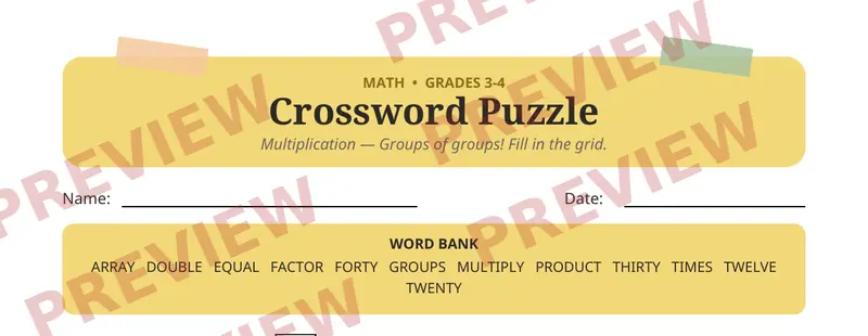 First page preview of Multiplication Crossword Puzzle
