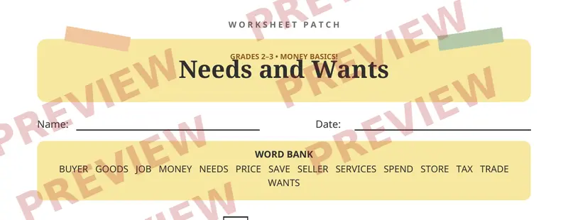 First page preview of Needs and Wants Crossword Puzzle