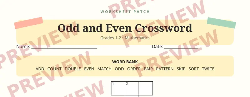 First page preview of Odd and Even Numbers Crossword Puzzle