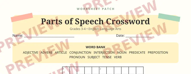 First page preview of Parts of Speech Crossword Puzzle