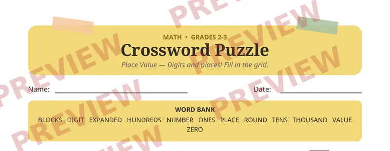 First page preview of Place Value Crossword Puzzle