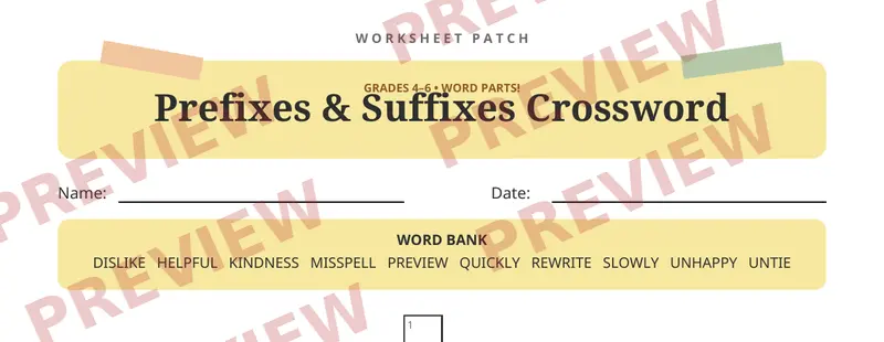 First page preview of Prefixes and Suffixes Crossword Puzzle
