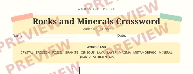 First page preview of Rocks and Minerals Crossword Puzzle