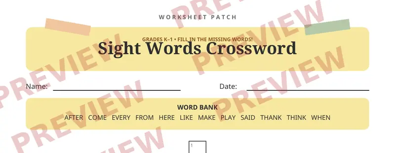 First page preview of Sight Words Crossword Puzzle