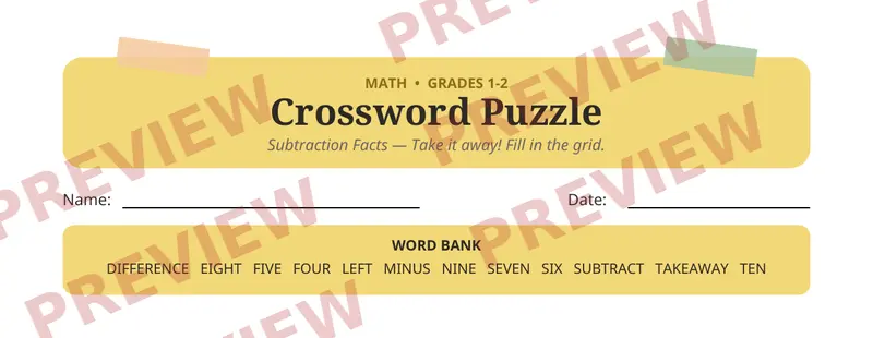 First page preview of Subtraction Facts Crossword Puzzle