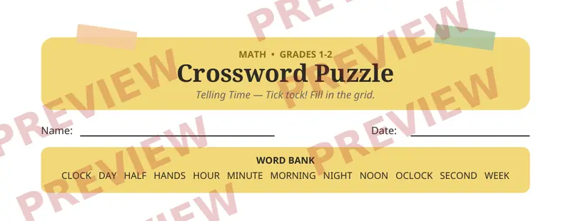 Partial preview of Telling Time Crossword Puzzle