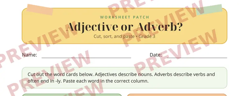 Partial preview of Adjectives Adverbs Cut and Paste